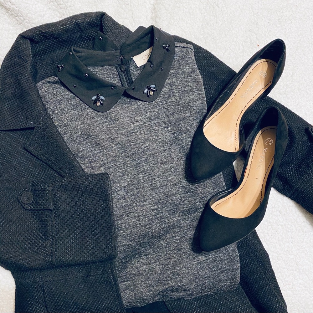 💜 LOFT Embellished Peterpan Collar Large Gray Dress